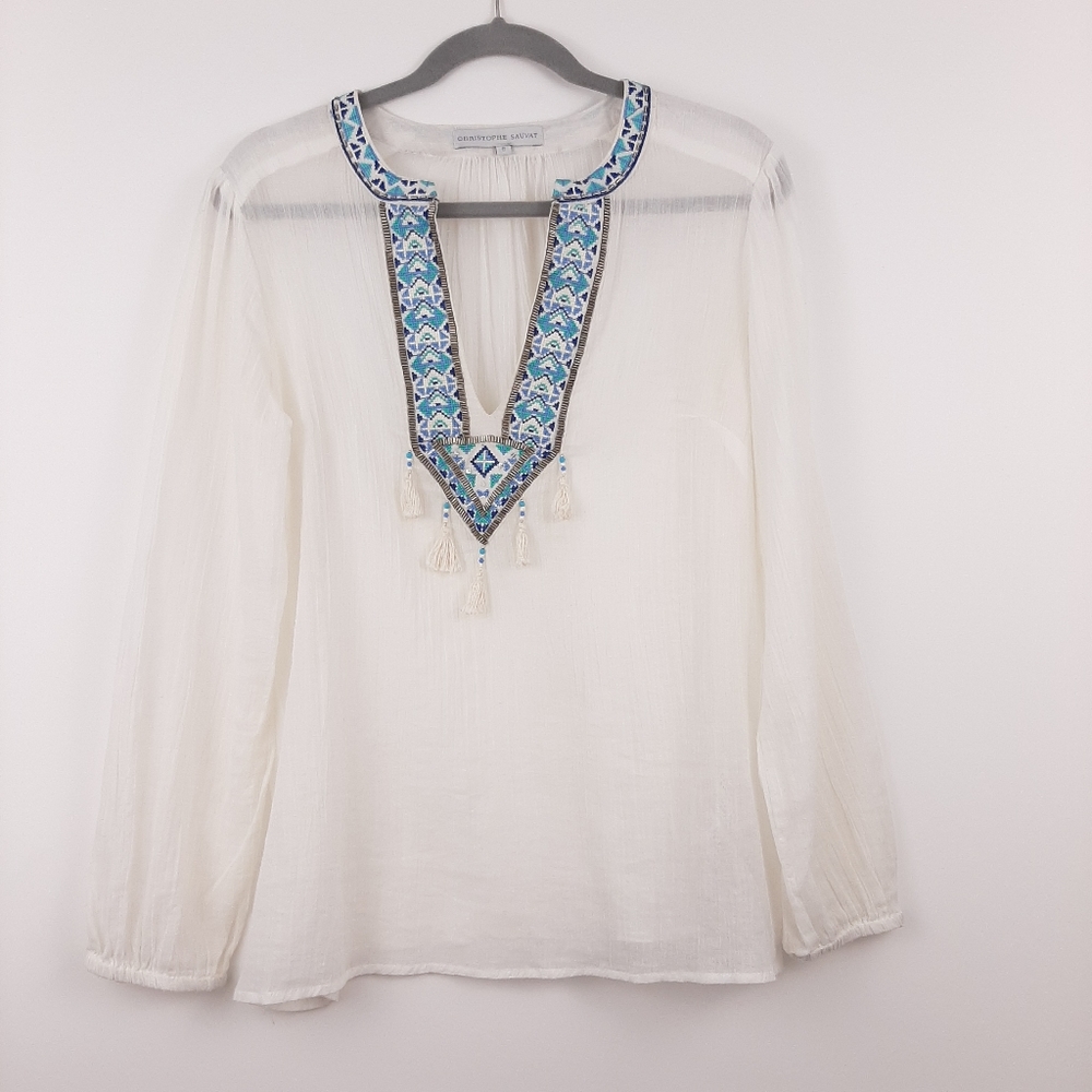 Christophe Sauvat Sheer Beaded 100% Cotton Gauze Top Size Small